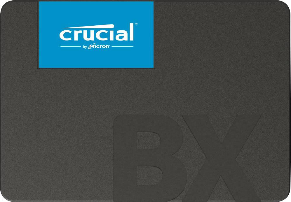 Solid-state drive with the label "crucial by Micron" in the top left and the letters "BX" in the foreground.