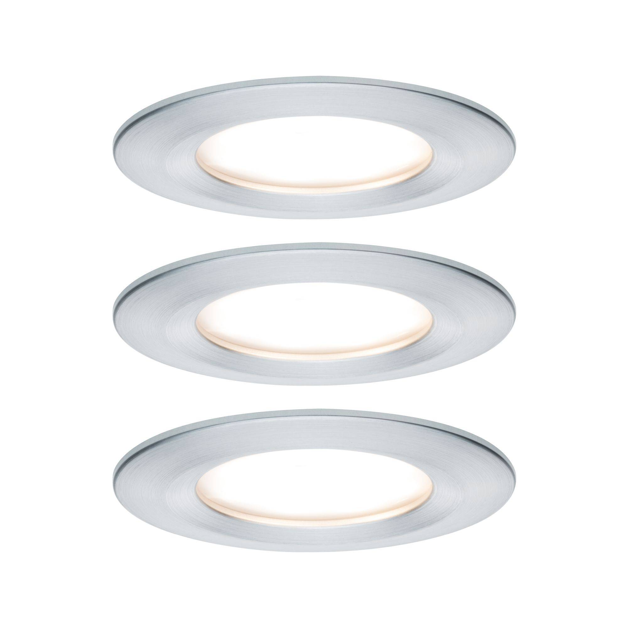 Tre plafoniere LED rotonde argentate, disposte in fila verticale, adatte per l'installazione a soffitto in ambienti moderni residenziali o lavorativi.