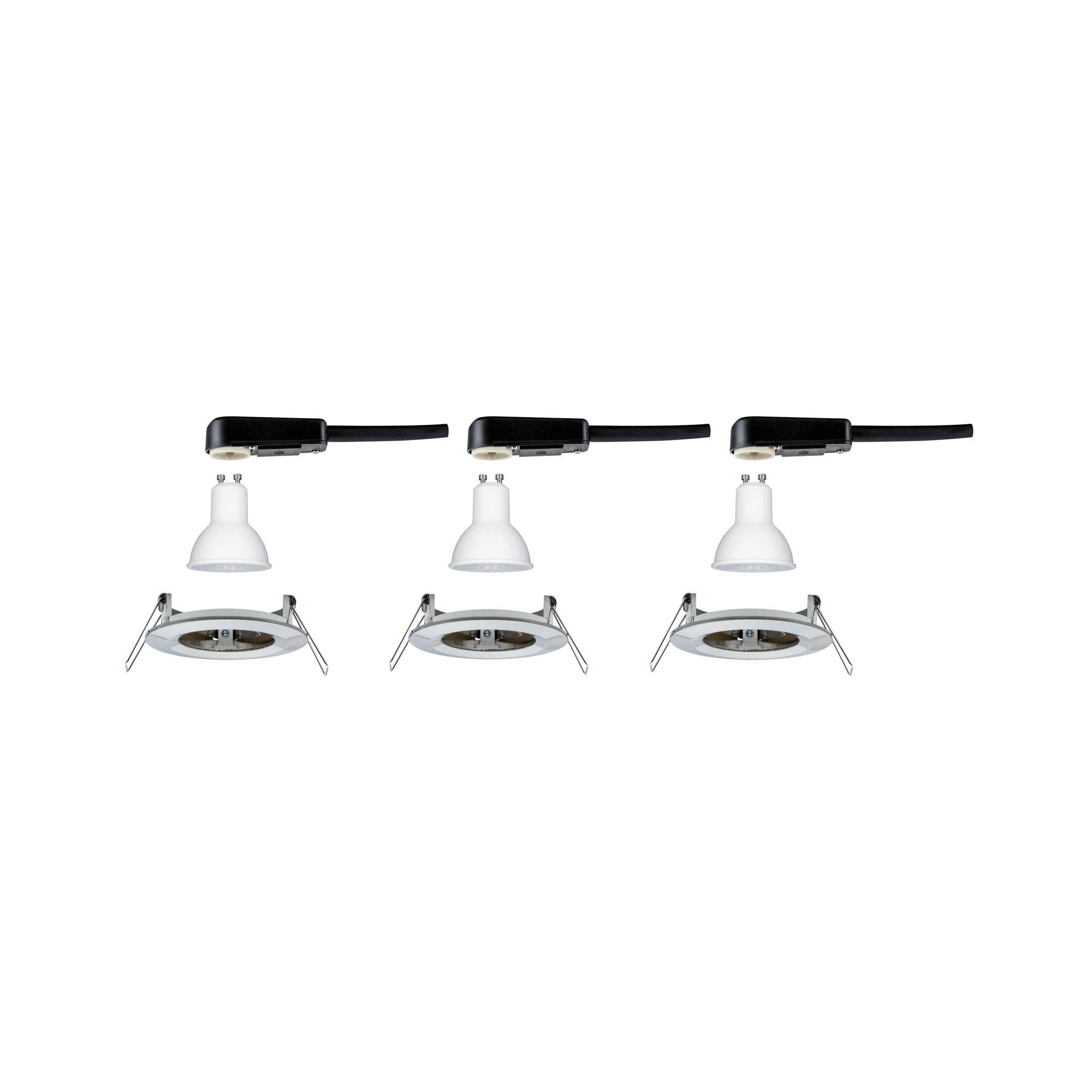 Tre faretti da soffitto bianchi con supporti neri, disposti in linea e rivolti verso il basso, ideali per un'illuminazione moderna.