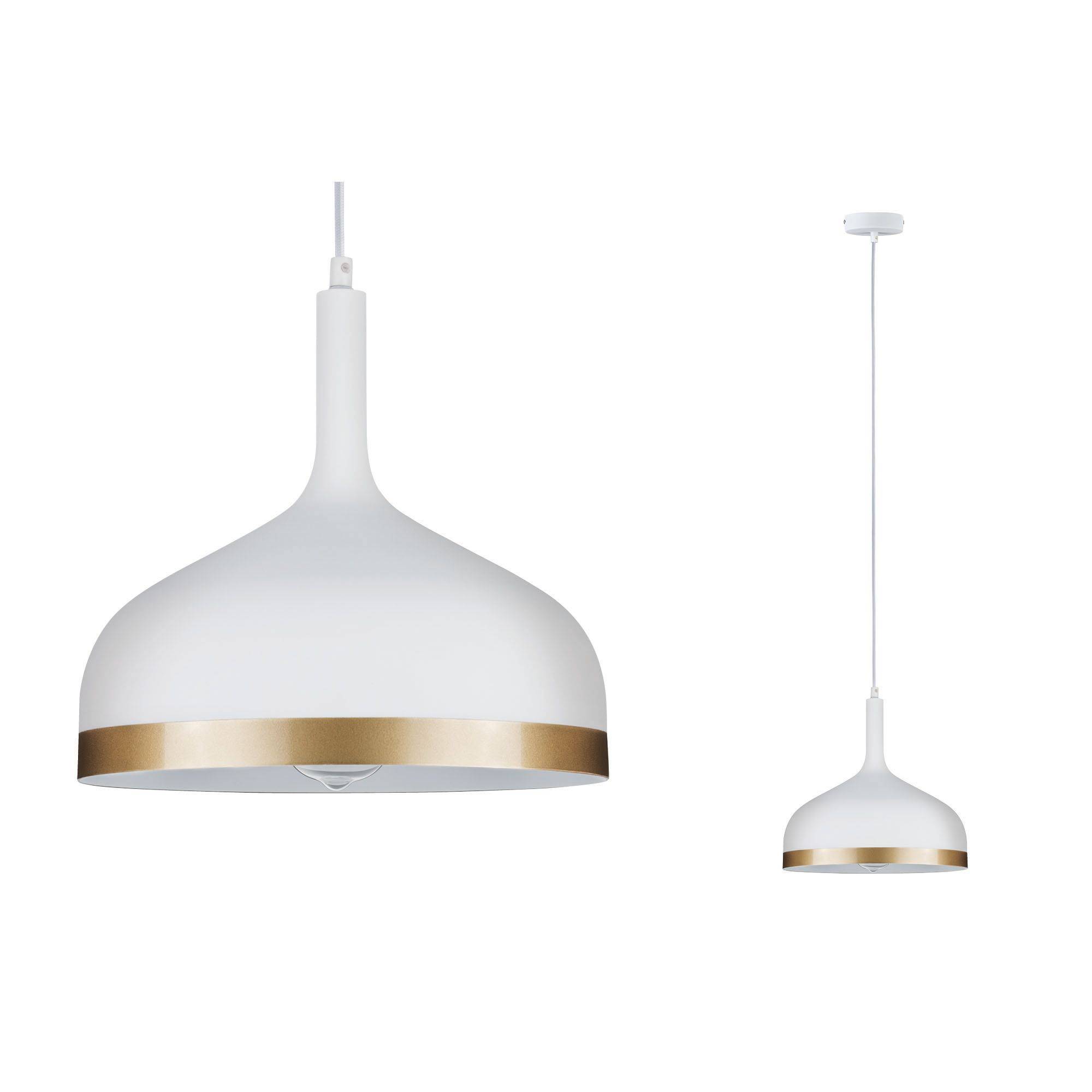 Lampadario a sospensione bianco con bordo dorato, design moderno. Appeso a un cavo dal soffitto. Ideale per interni contemporanei.