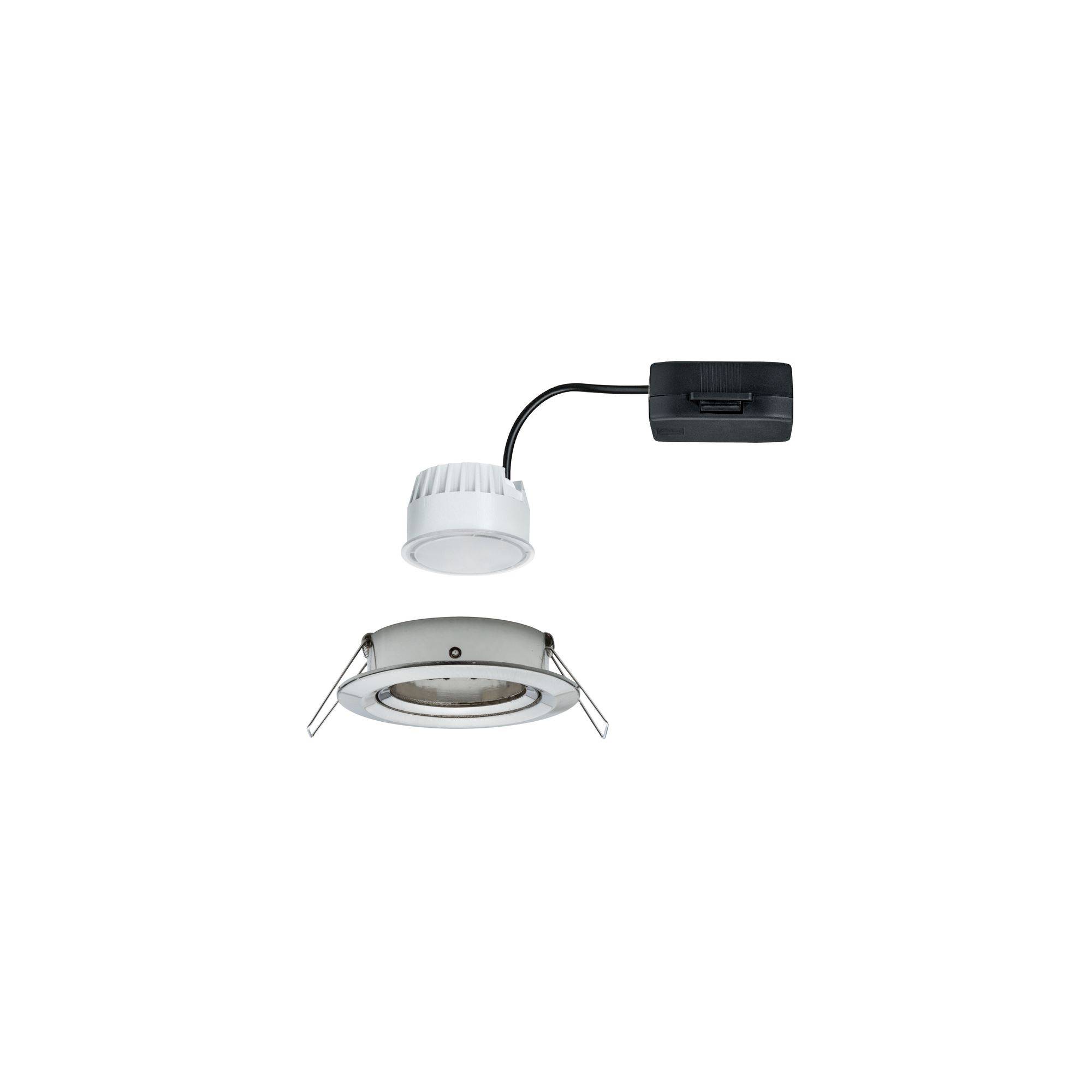 Set di faretti da incasso composto da un faretto LED rotondo con relativo dispositivo di alimentazione separato, idoneo per installazione a soffitto.