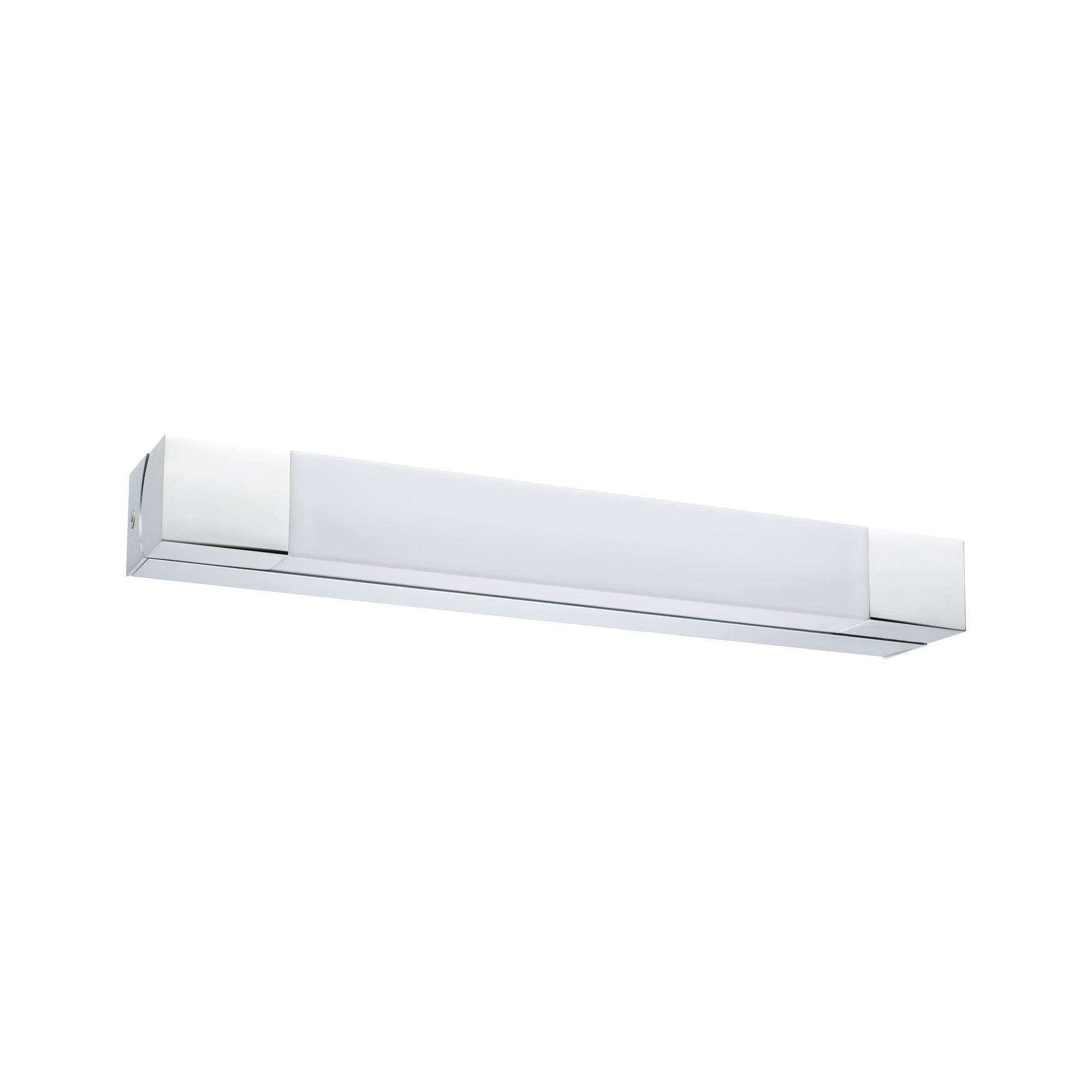 Un applique a parete rettangolare e moderno con involucro bianco e diffusore. Adatto per l'installazione sopra specchi o armadi.