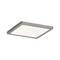 Plafoniera quadrata moderna con cornice argentata e superficie luminosa bianca e piatta, adatta per interni contemporanei.