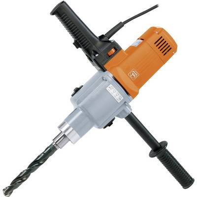 Un trapano elettrico in arancione e grigio con due impugnature e una punta per lavori di foratura pesanti.