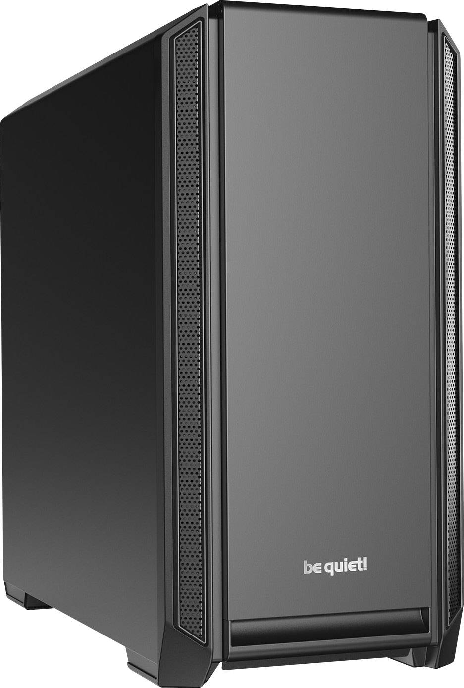 Custodia per computer nera con logo 'be quiet!' frontale. Ha una forma minimale, rettangolare e fessure di ventilazione laterali.