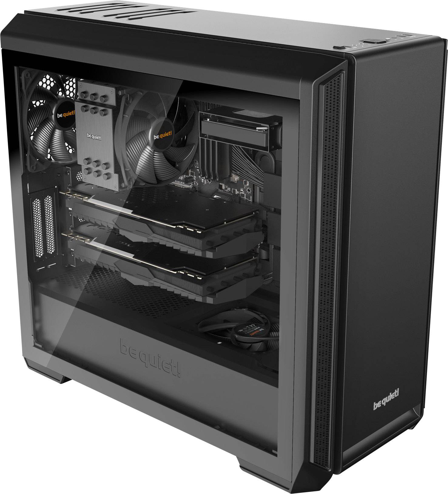 Case nero per computer con pannello frontale in vetro, che mostra componenti hardware interni come ventole di raffreddamento e schede grafiche.