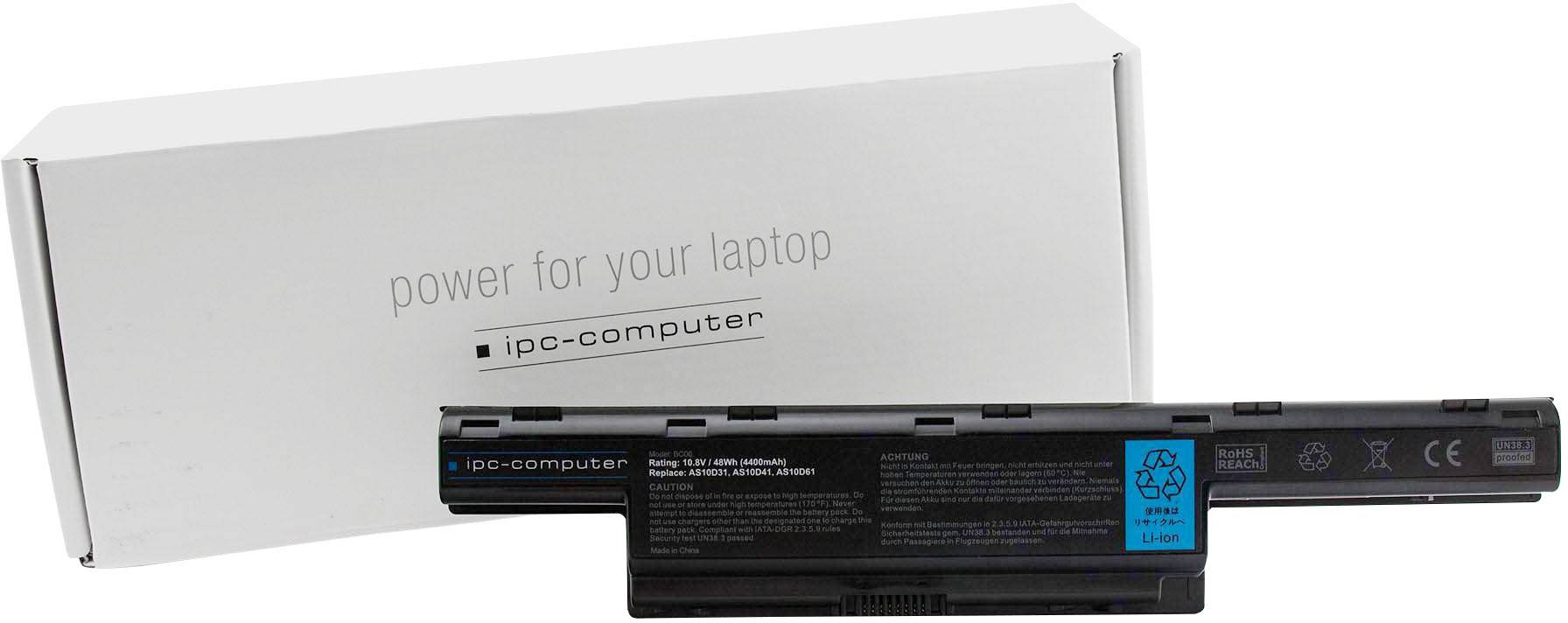 Batteria per laptop di 'ipc-computer' con confezione sullo sfondo. Scritta: 'energia per il tuo laptop'.