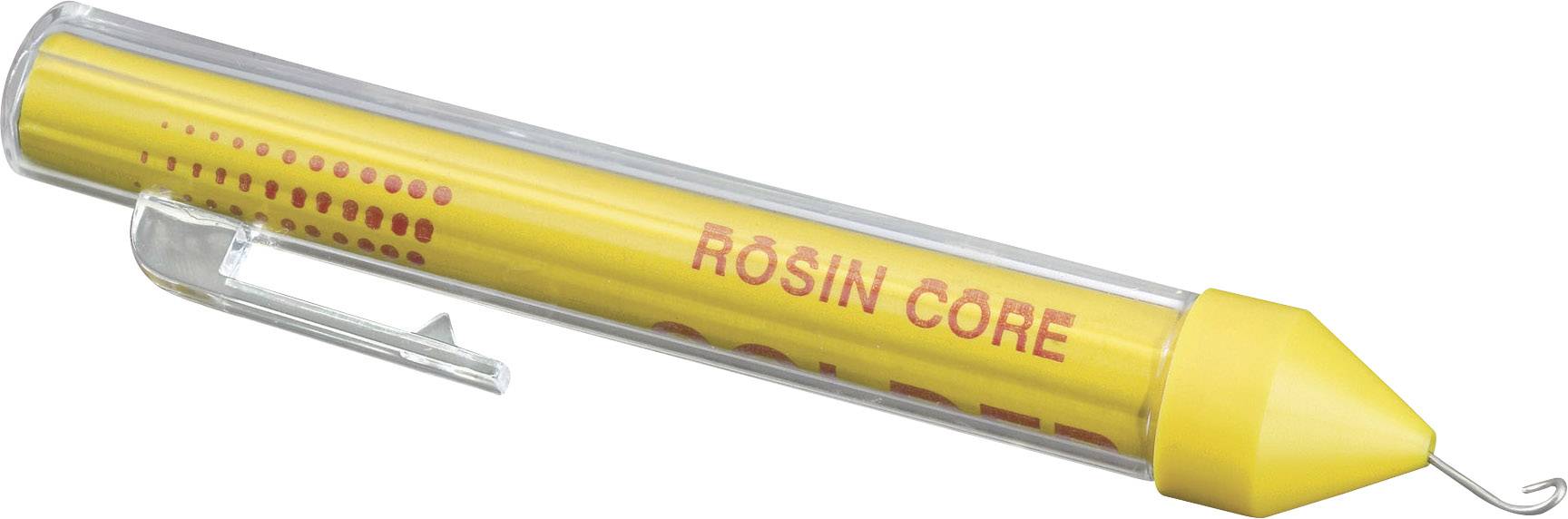 Barra di stagno gialla con nucleo di resina, recante la scritta 'ROSIN CORE'. Custodia in plastica e gancio di sospensione visibili. Utilizzata principalmente per lavori di elettronica.