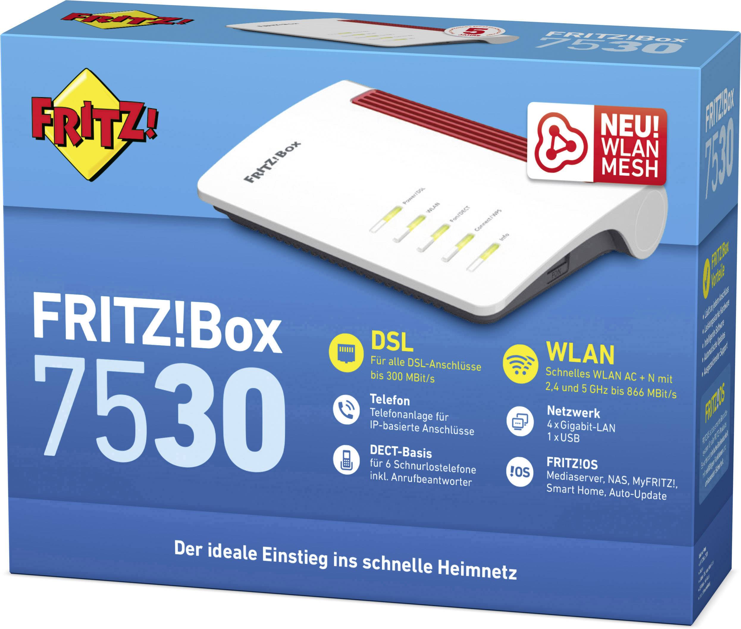 FRITZ! FRITZ!Box 7530 Router con Modem WLAN Modem integrato: ADSL, VDSL 2.4 GHz, 5 GHz 1200 MBit/s-5