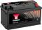 Batteria per auto con scritta 'YBX 3000' e specifiche '12V 80Ah 720A'; morsetti neri e rossi visibili.