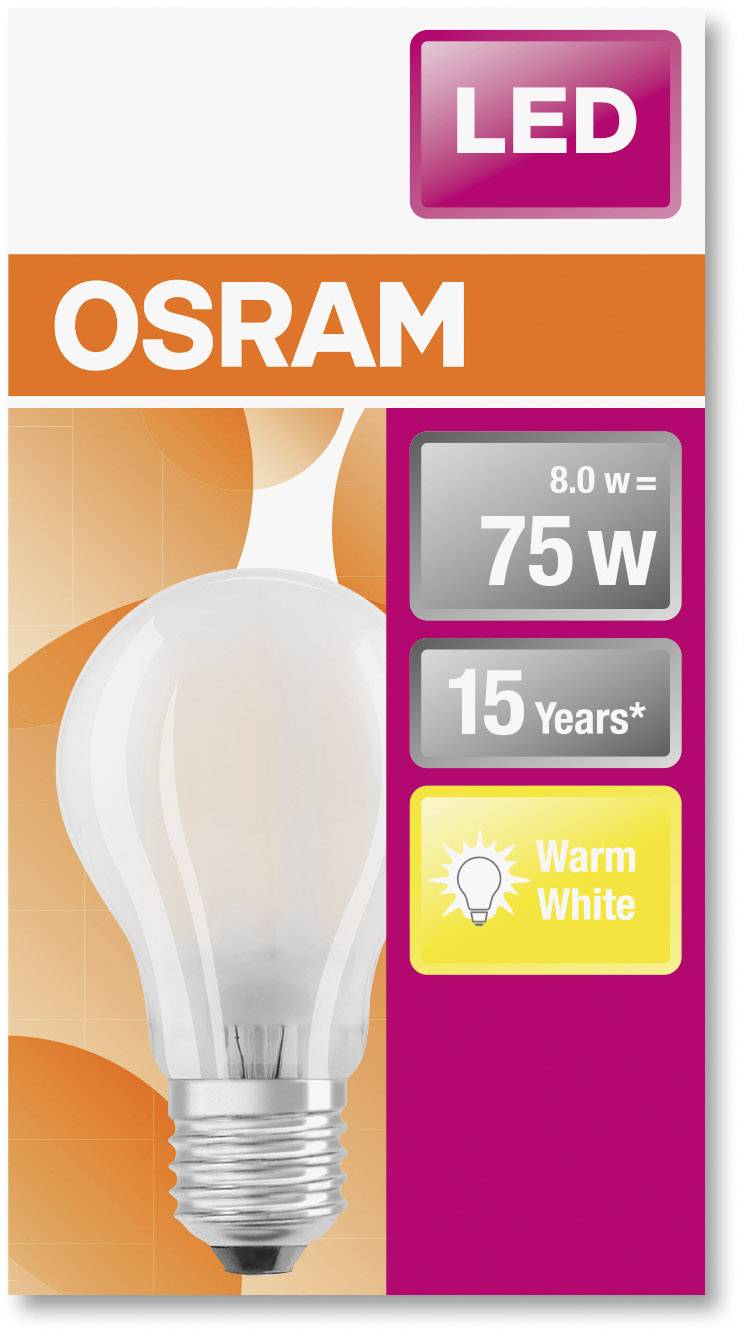 Confezione lampadina LED OSRAM: 8.0W equivalente a 75W, durata 15 anni, luce bianco caldo.