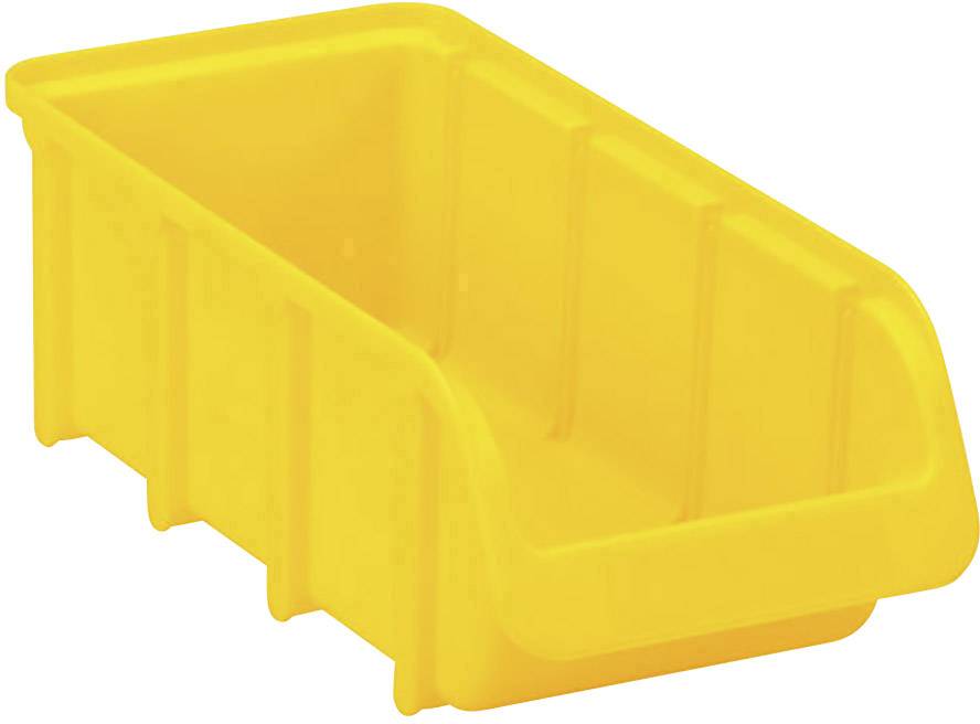Contenitore in plastica gialla con coperchio aperto, adatto per conservare oggetti di piccole dimensioni.