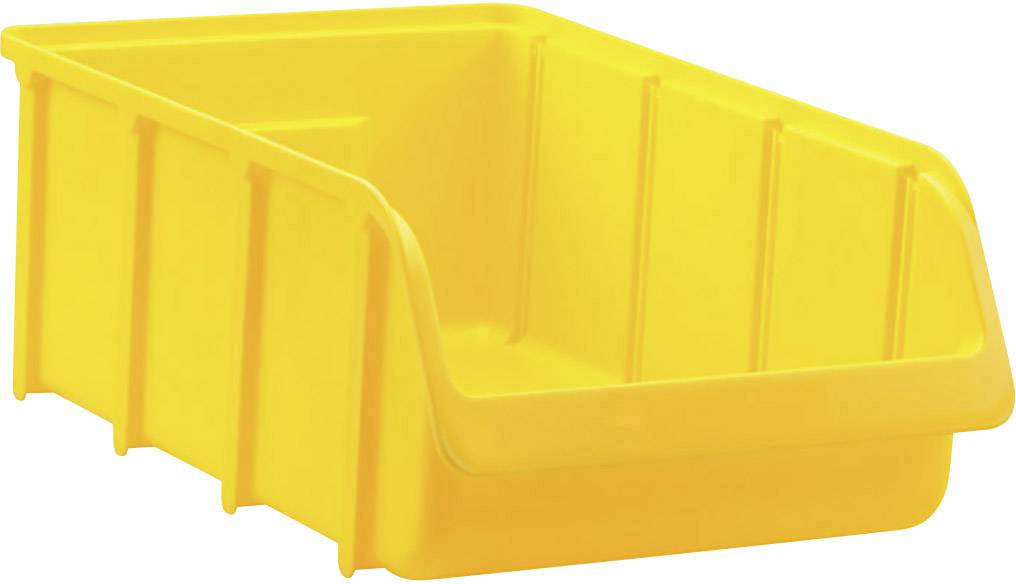 Contenitore in plastica giallo, rettangolare, con parte anteriore aperta e pareti laterali rinforzate, idoneo per conservare piccoli oggetti.