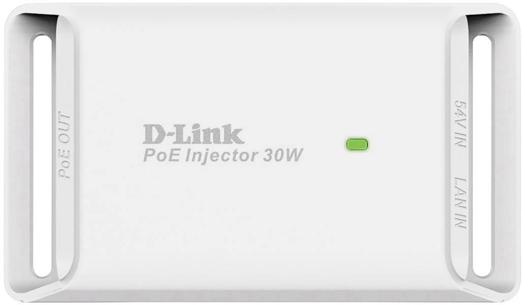Un iniettore PoE bianco D-Link con luce verde, modello 30W. Contrassegnato a sinistra 'PoE OUT', a destra '54V IN LAN IN'.