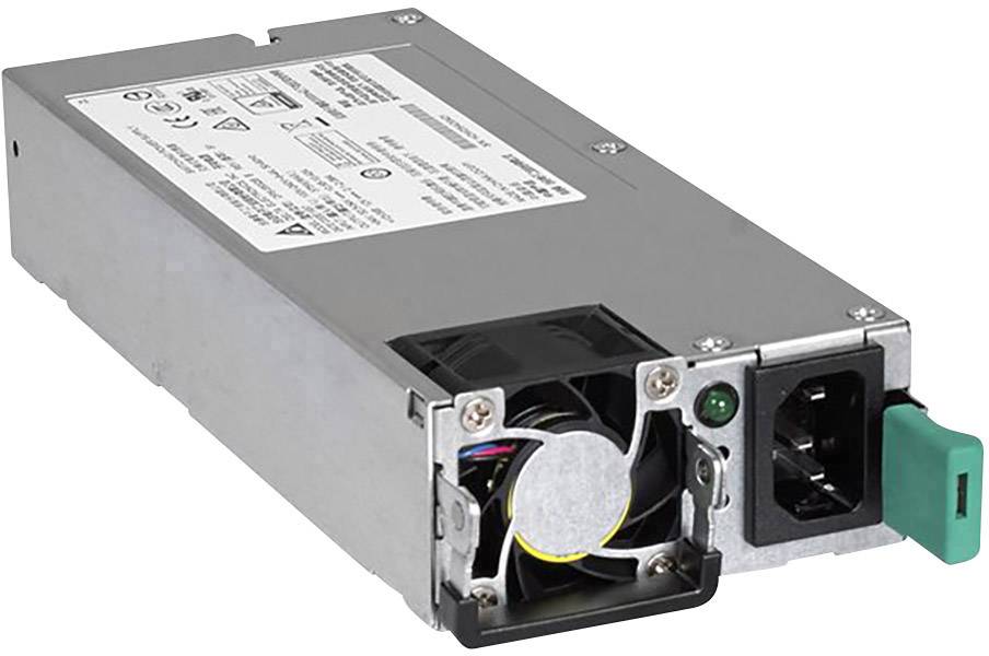 Alimentatore con ventola e connessioni per cavi, adatto per server o case per computer. Forma rettangolare, superficie metallica argento.