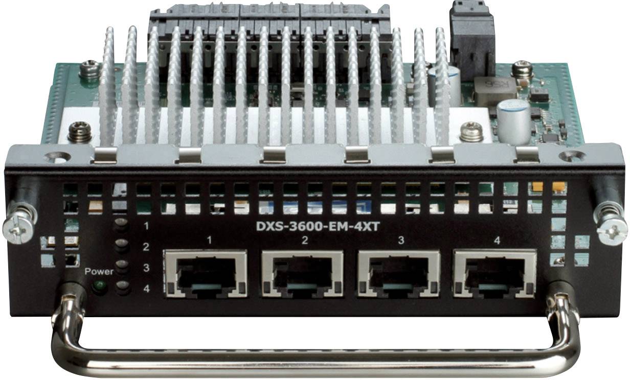 Un modulo switch di rete con quattro porte Ethernet, idoneo all'espansione della connettività in un data center.