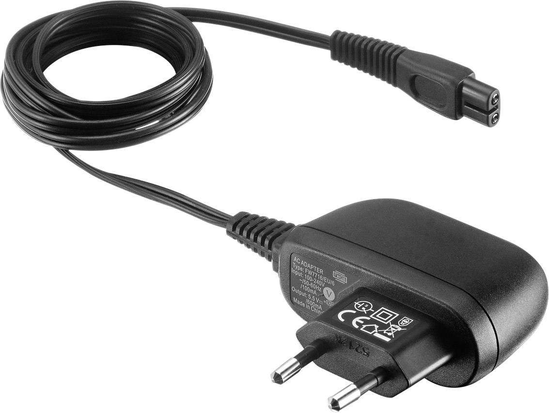 Alimentatore nero con connessione rimovibile. Spina europea e cavo lungo. Marchio CE e dettagli tecnici stampati.