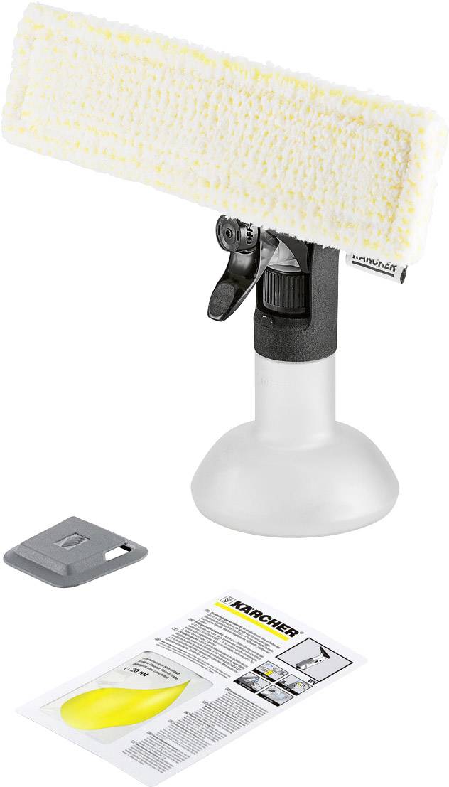 Detergente per finestre con accessorio per strofinare, flacone spray e manuale di istruzioni su sfondo bianco.