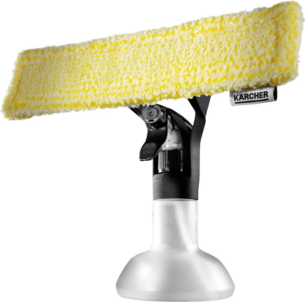 Un aspiratore per finestre giallo Kärcher con spruzzatore integrato e panno in microfibra. Ideale per la pulizia delle finestre senza aloni.