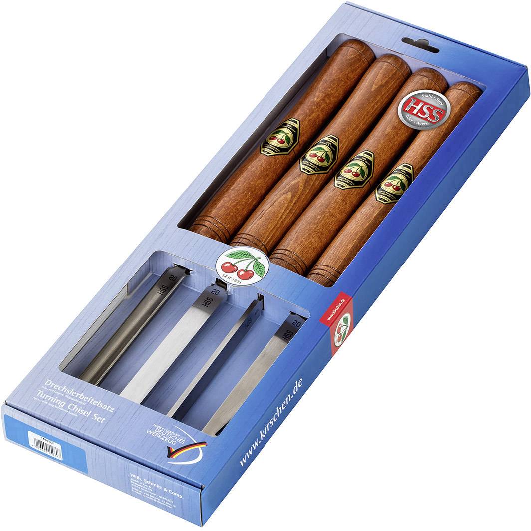 'Set di utensili per tornitura con manici in legno in confezione blu, marca Kirchen, contiene quattro strumenti, adatti per lavori di tornitura su legno.'