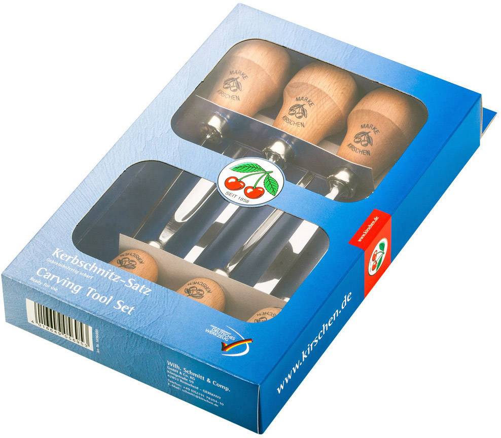 Un set di cinque strumenti per la lavorazione del legno in un contenitore blu con finestra trasparente, etichettato come 'Intaglio'.