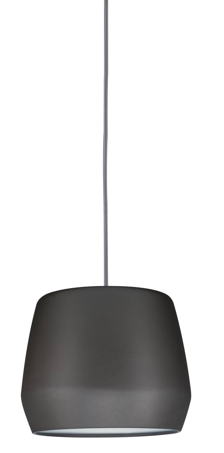 Una lampada a sospensione moderna, grigio scuro, con un design semplice ed elegante, appesa a un sottile cavo.