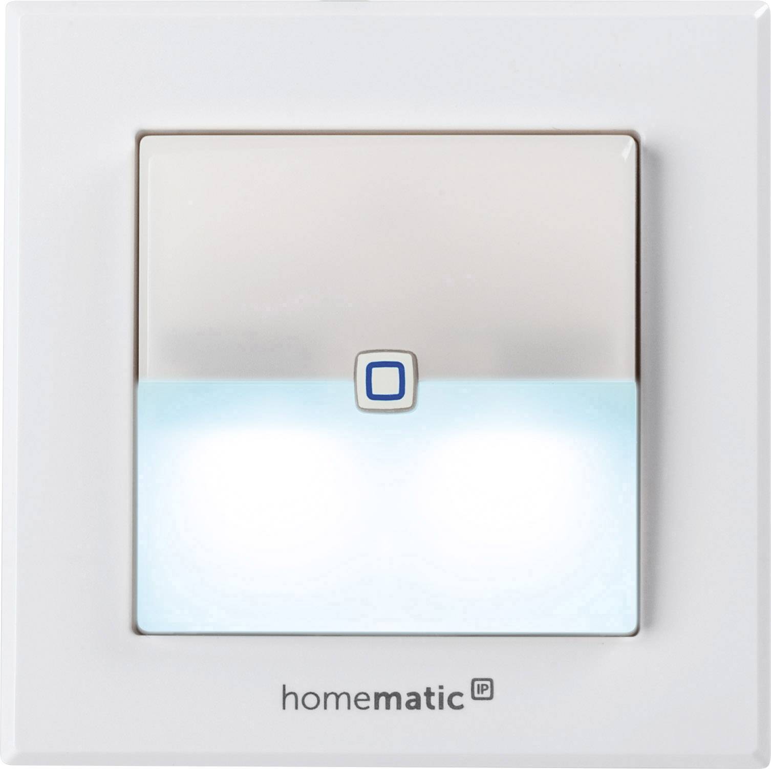Interruttore Homematic IP con superficie illuminata e piccolo quadrato centrale, adatto per sistemi domotici.