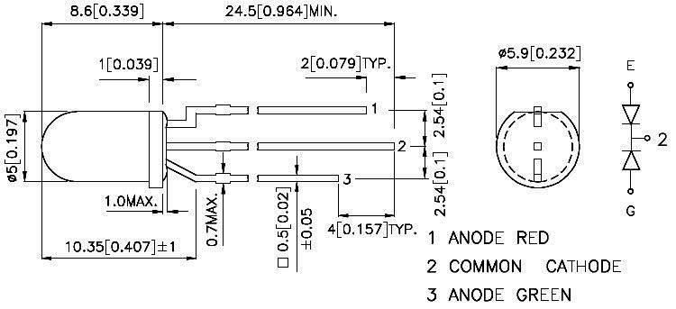 'Schema elettrico di un LED bicolore con anodo, catodo e valori misurati. Il diagramma mostra la configurazione dei pin e i relativi collegamenti.'