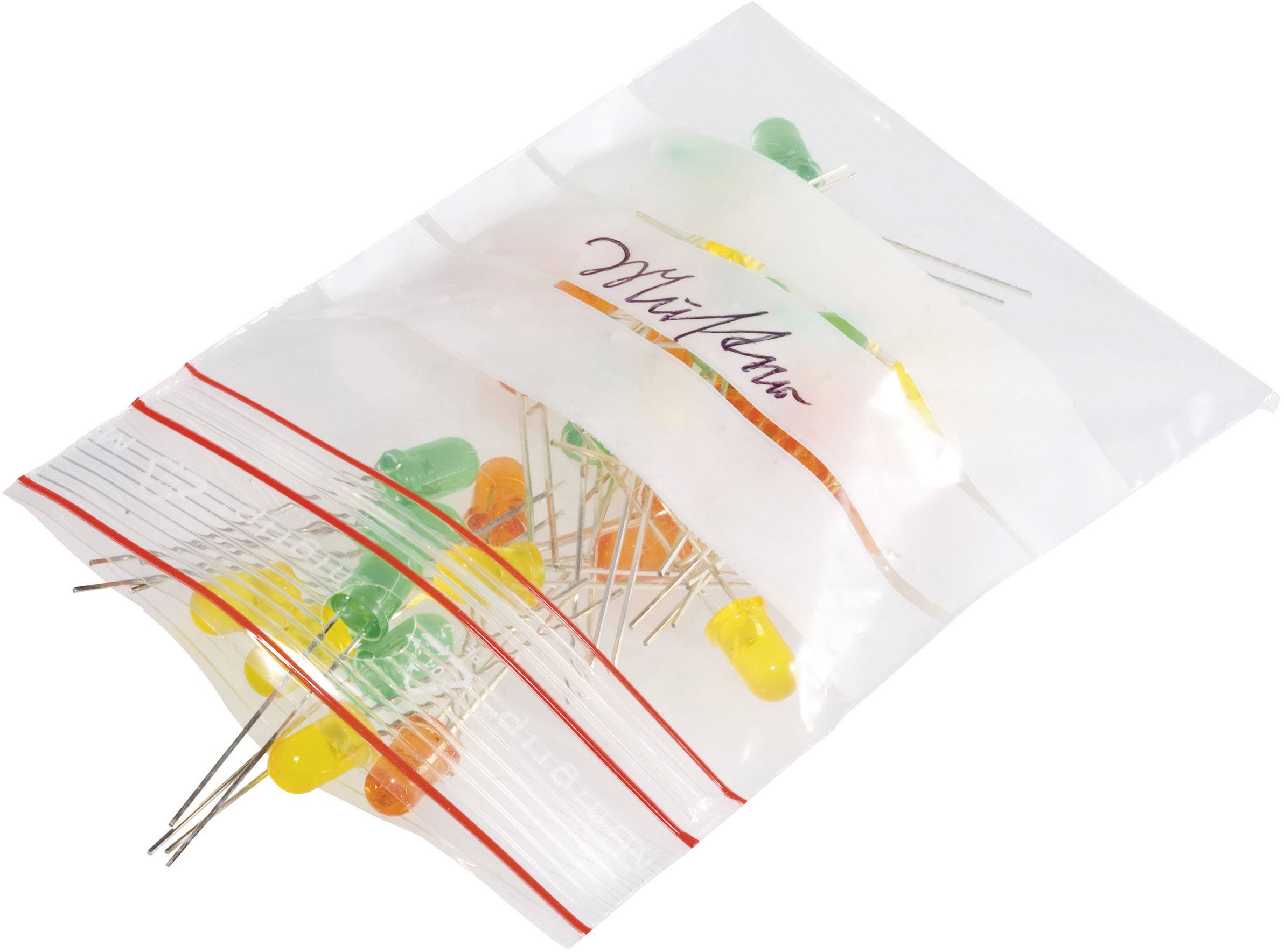 Una busta di plastica trasparente contenente luci LED multicolori mescolate.
