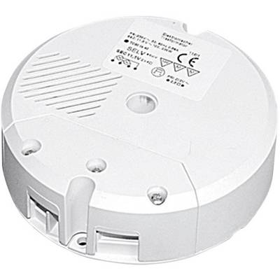 Un trasformatore elettrico rotondo, bianco, con un'etichetta che mostra informazioni tecniche e marcature di sicurezza.