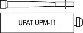 Illustrazione di un imballaggio con la scritta 'UPAT UPM-11' e di un tubetto applicatore, entrambi appartenenti insieme, probabilmente per materiali edili o fai-da-te.