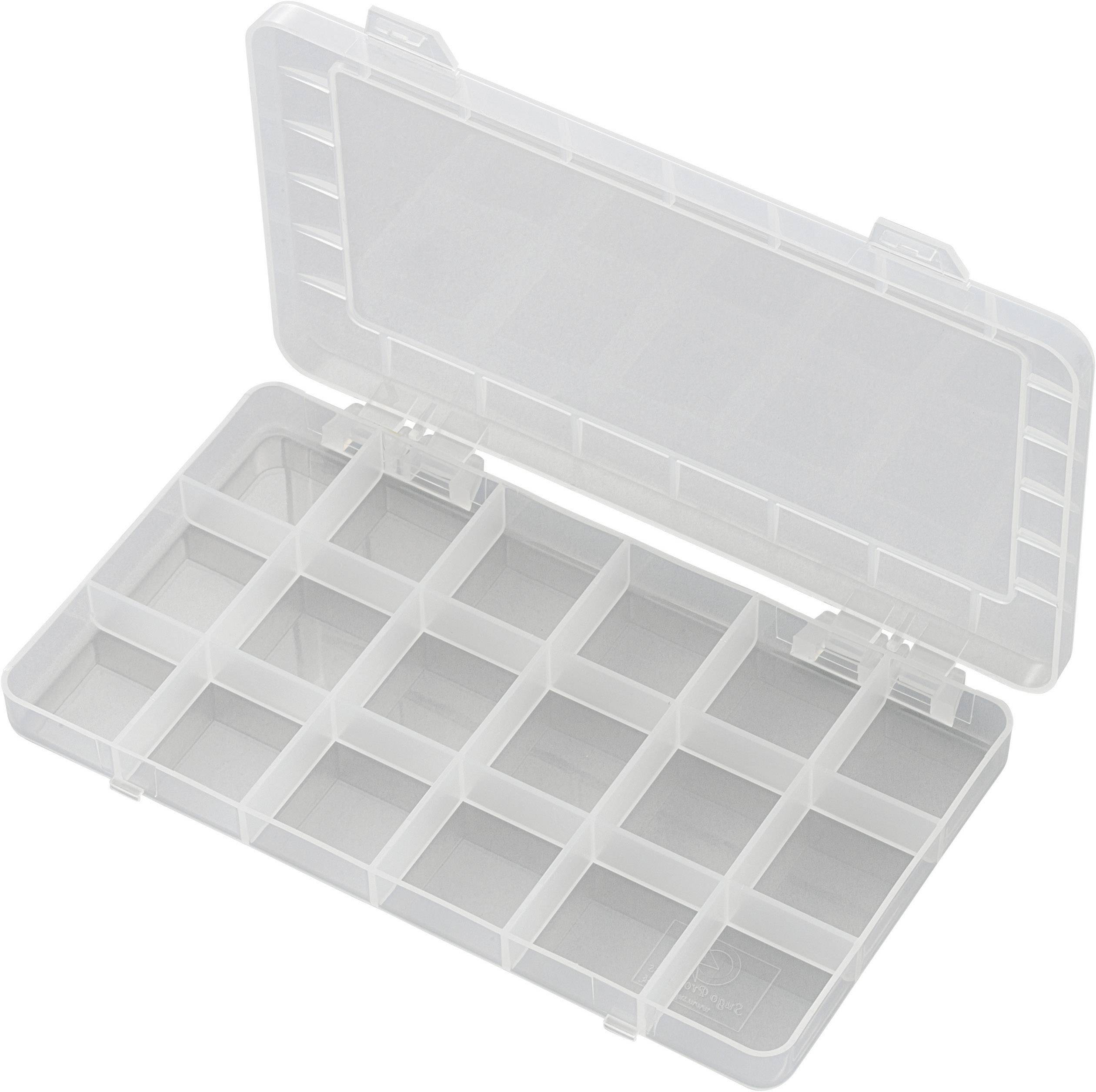 Scatola di plastica trasparente con coperchio aperto, suddivisa in sedici scomparti delle stesse dimensioni. Adatta per conservare piccoli oggetti.