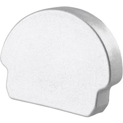 Oggetto metallico argentato a forma di semicerchio su sfondo bianco.