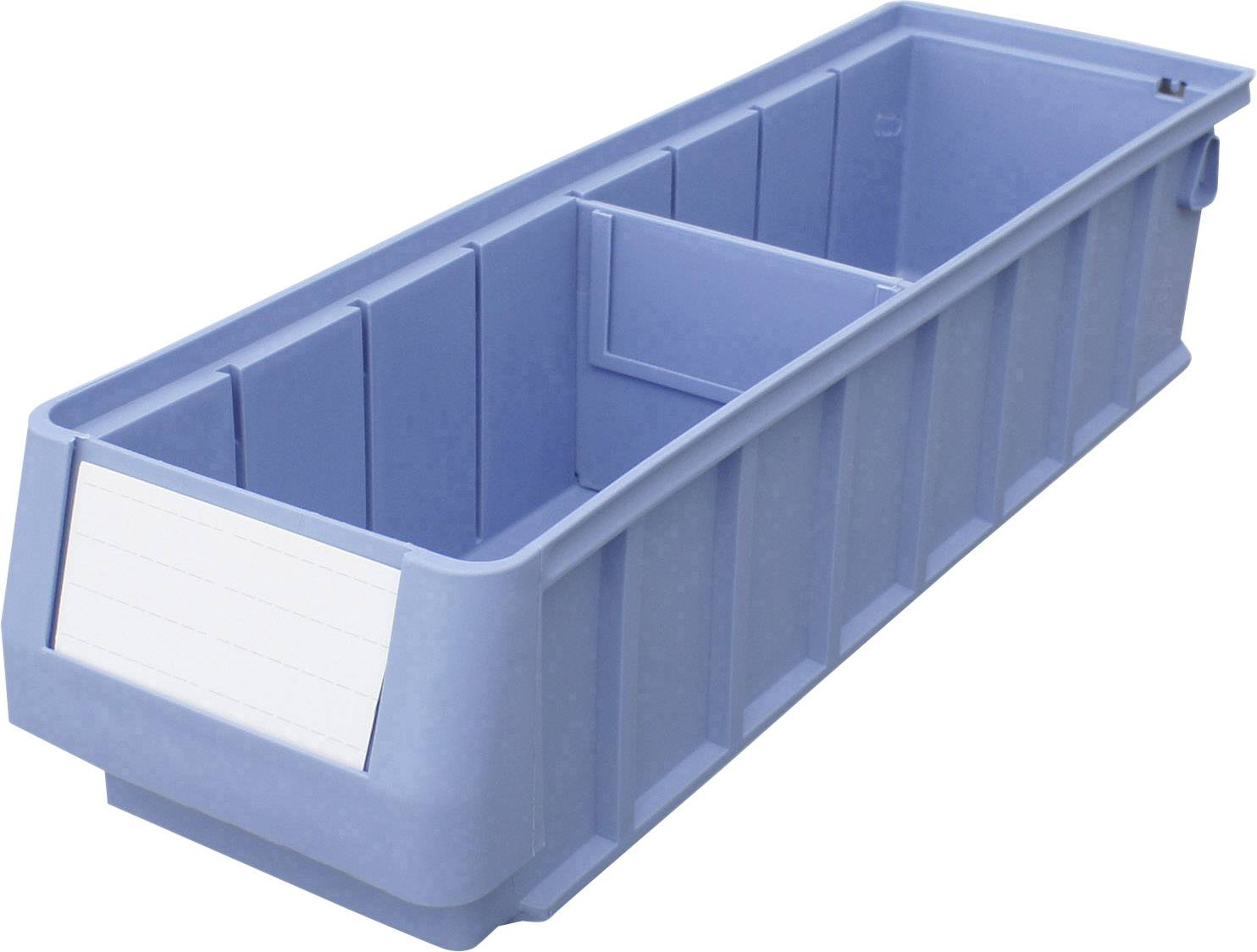 Contenitore blu rettangolare in plastica con parte superiore aperta e un'etichetta sulla parte frontale.