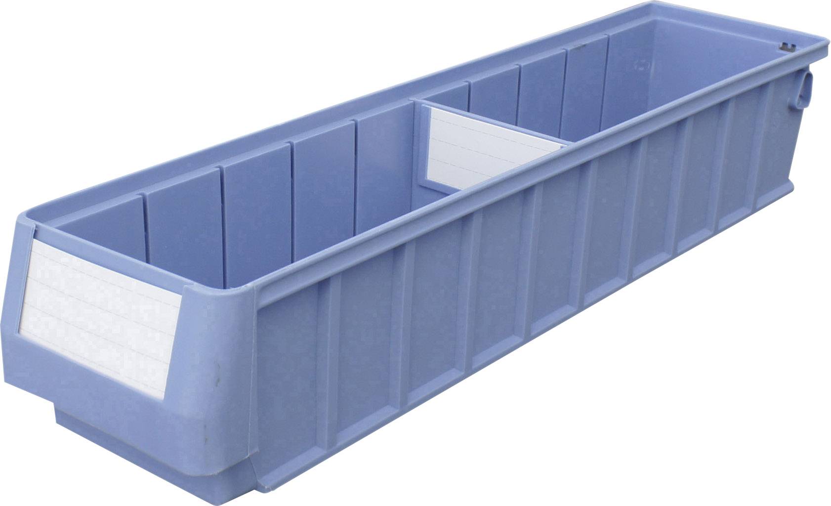 Contenitore rettangolare blu in plastica con pareti rinforzate e angoli arrotondati. Utilizzato per scopi di stoccaggio o trasporto.