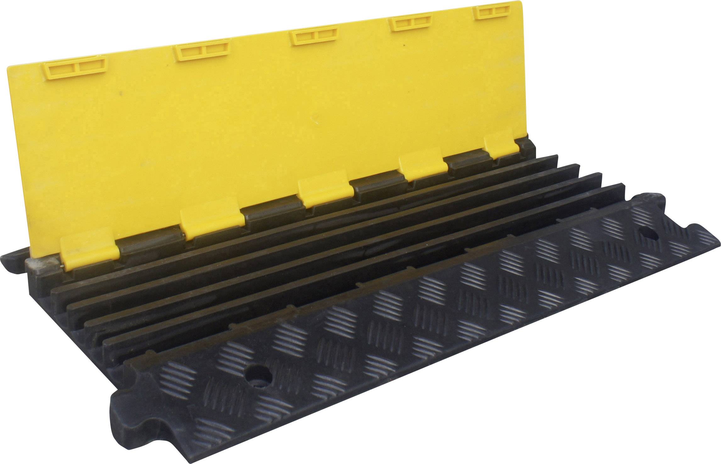 Un canale passacavi giallo con coperchio ribaltabile in nero e giallo, utilizzato per proteggere cavi o tubi sul pavimento.