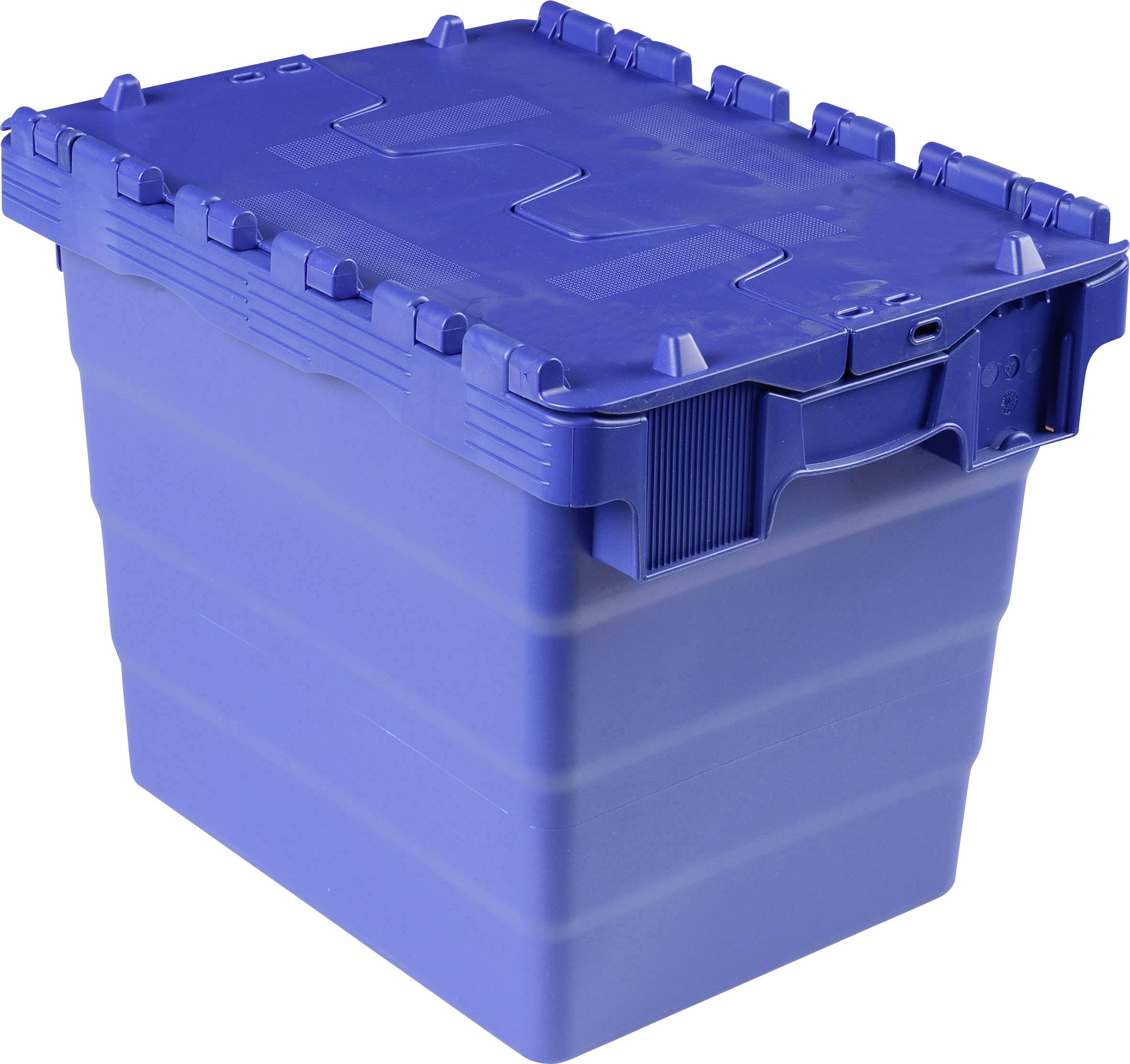Un grande contenitore in plastica blu, impilabile, con coperchio e maniglie, spesso utilizzato per lo stoccaggio e il trasporto di oggetti.