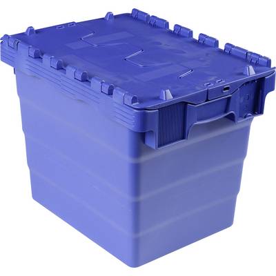 Un grande contenitore in plastica blu, impilabile, con coperchio e maniglie, spesso utilizzato per lo stoccaggio e il trasporto di oggetti.