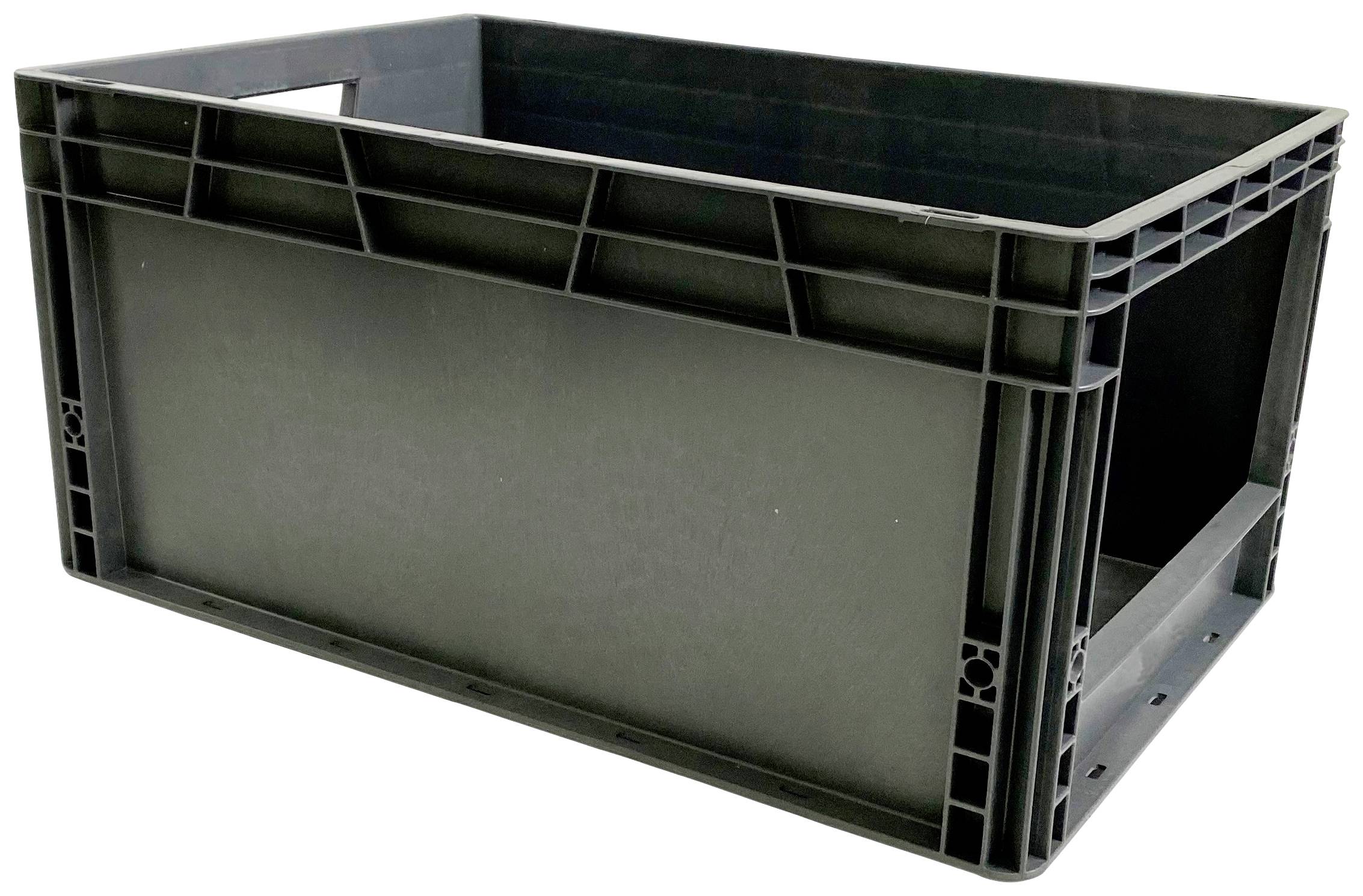 Scatola rettangolare in plastica nera con coperchio aperto, robusta e adatta per lo stoccaggio e il trasporto.