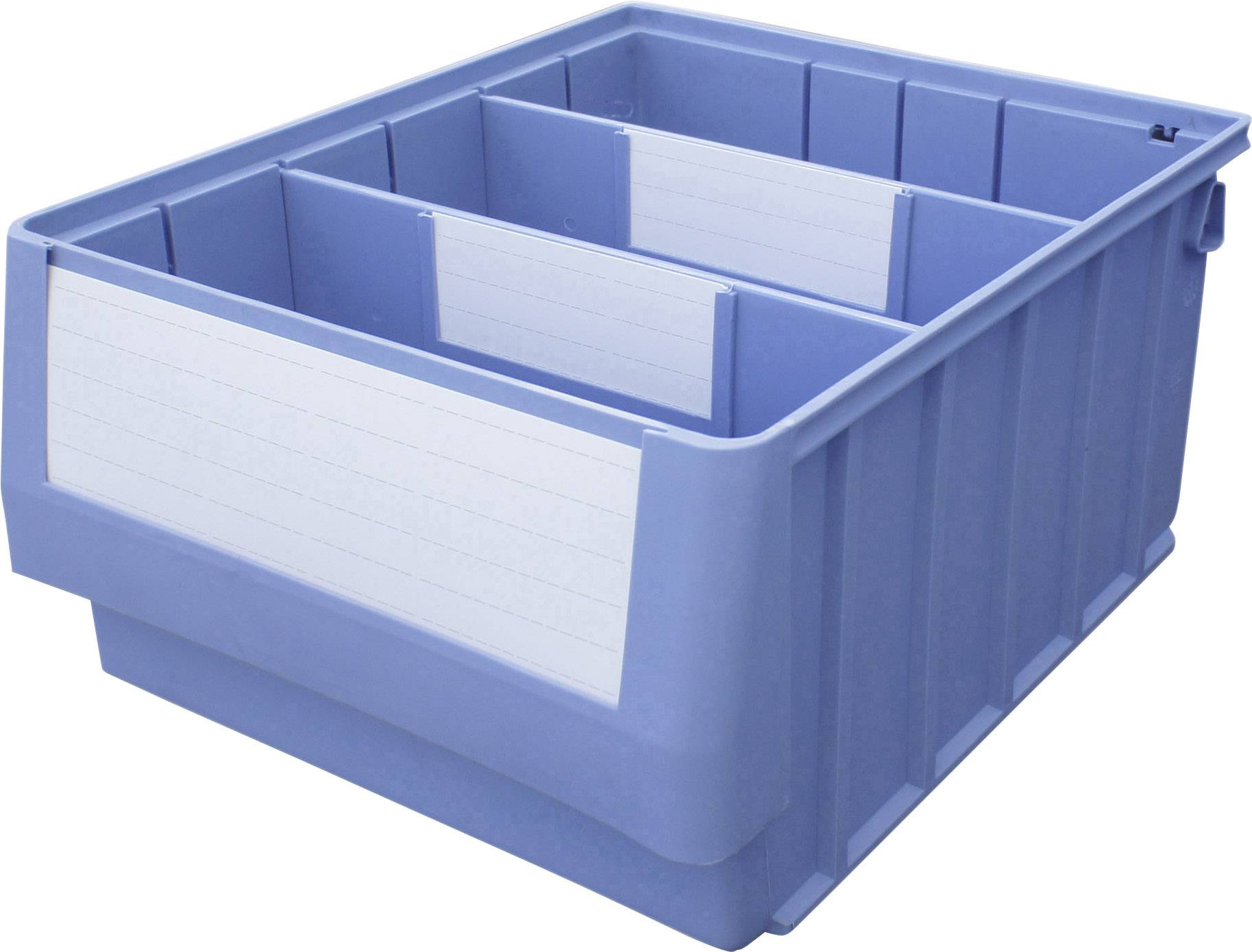 Contenitore blu in plastica con etichette bianche sul lato frontale, adatto per conservare e organizzare oggetti.