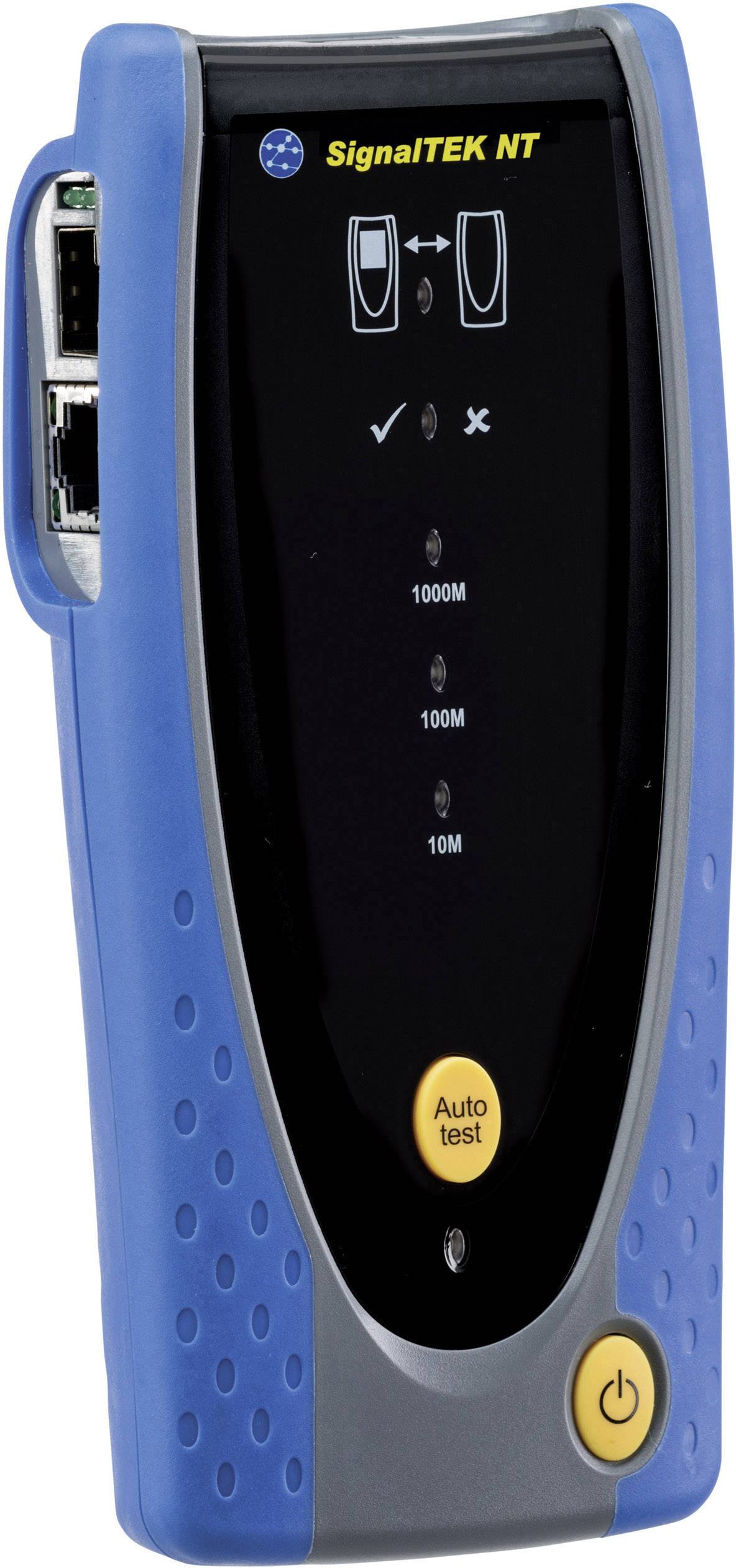 Un dispositivo palmare blu-nero per test di rete chiamato 'SignalTEK NT' con tasti gialli per il test automatico e l'accensione/spegnimento.