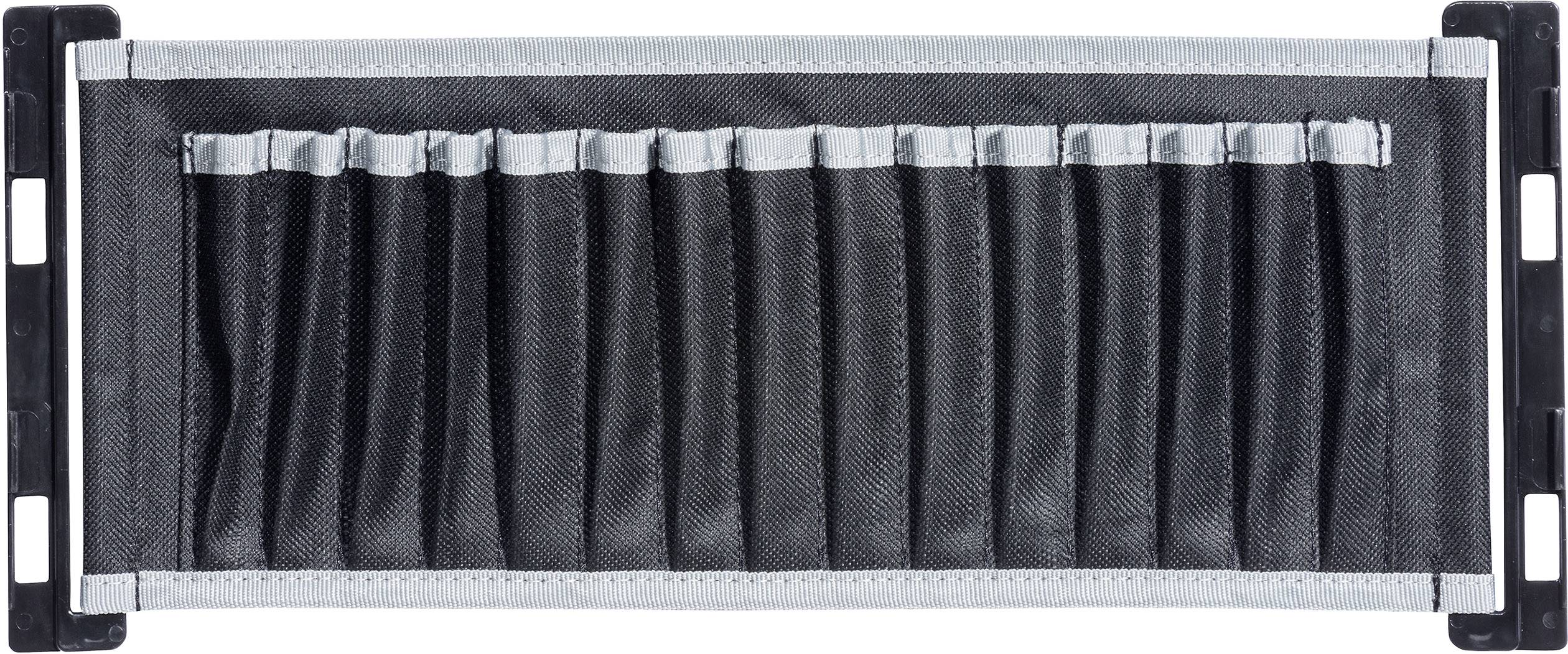 Borsa porta attrezzi nera con diversi scomparti per conservare utensili, fissata sui lati con supporti metallici.