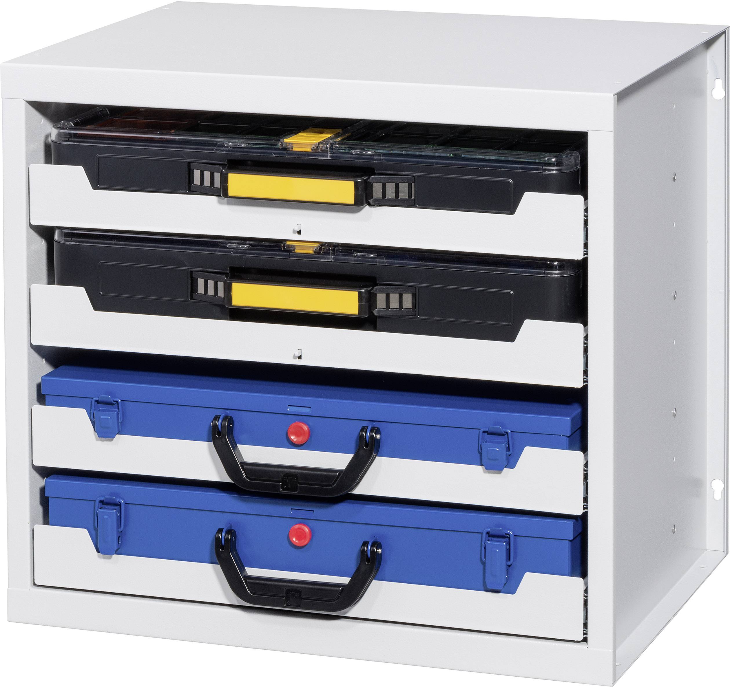 Armadio metallico con quattro cassetti contenenti attrezzi e accessori in pratiche valigette colorate.