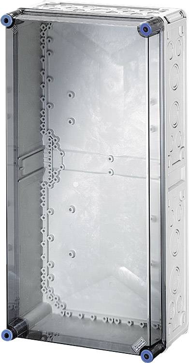 Scatola di distribuzione elettrica trasparente con coperchio chiaro e multiple entrate, idonea per l'utilizzo in ambienti umidi.