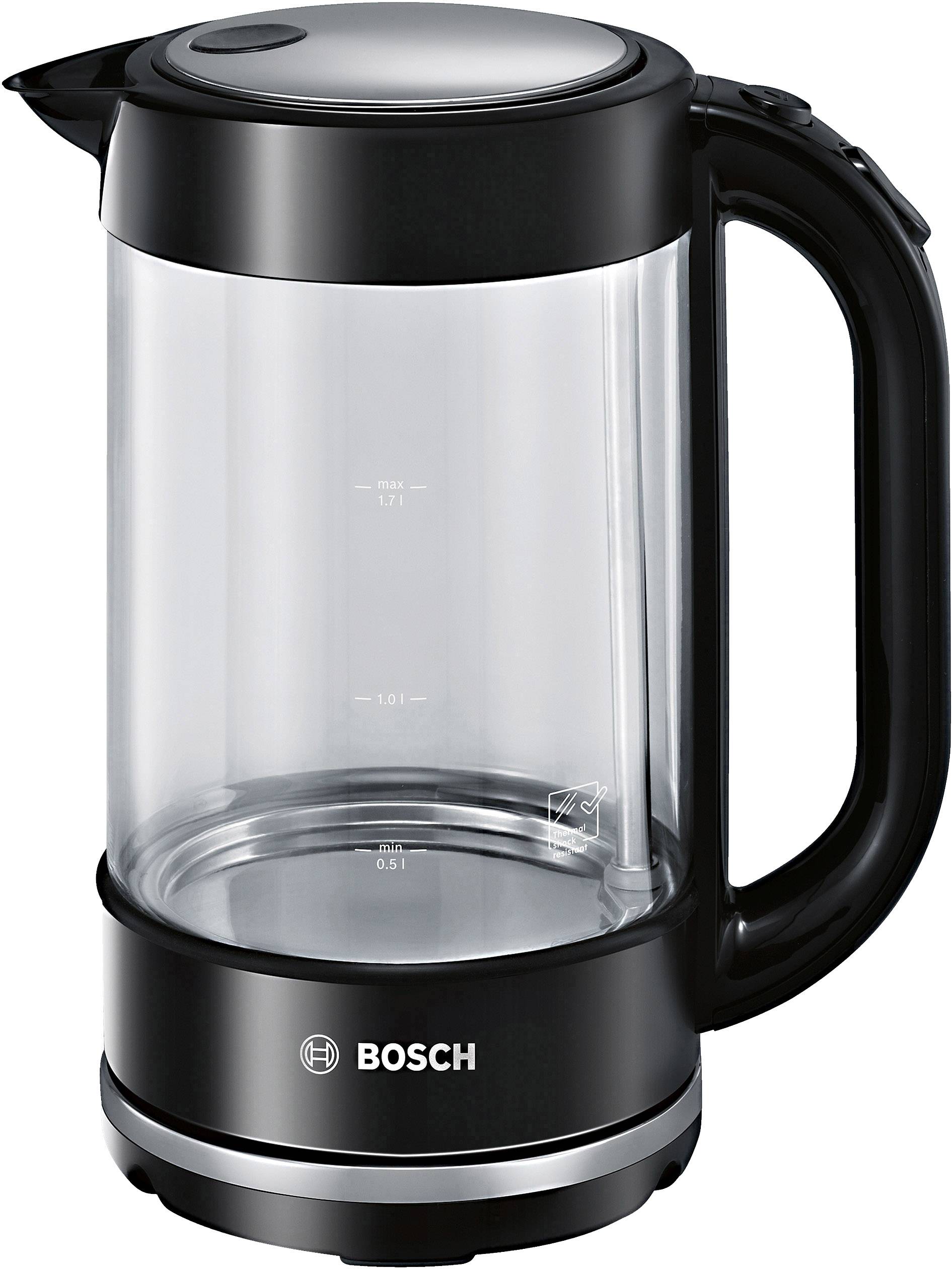 Un bollitore trasparente con manico e base neri. Il logo 'Bosch' è visibile sulla base.
