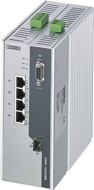 Un switch Ethernet industriale di Phoenix Contact con quattro porte RJ45 e un collegamento seriale, idoneo per reti industriali.