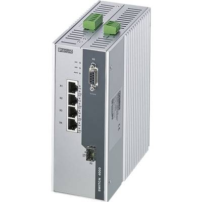 Un switch Ethernet industriale di Phoenix Contact con quattro porte RJ45 e un collegamento seriale, idoneo per reti industriali.