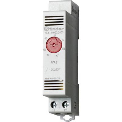 Regolatore di temperatura Finder, modello 7T.81, per 10A, 250V. Mostra una scala da 0 a 60 gradi Celsius con una manopola di regolazione rossa.
