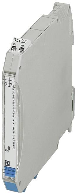 Un sottile adattatore per guida DIN elettronico, grigio con base blu, mostra il numero modello "3.11 3.2" e l'indicatore di stato "DI/01".