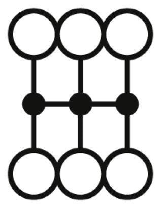 Un diagramma stilizzato di una struttura a griglia con nove cerchi collegati da linee che formano un modello quadrato.